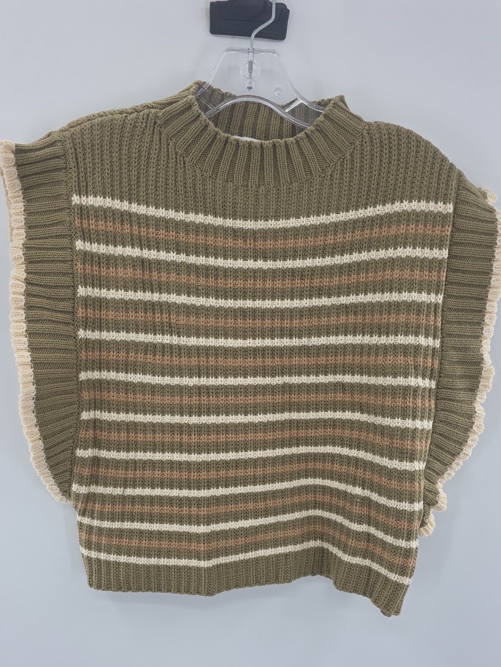 HYFVE Olive Striped Knit Poncho with Cream & Tan Accents